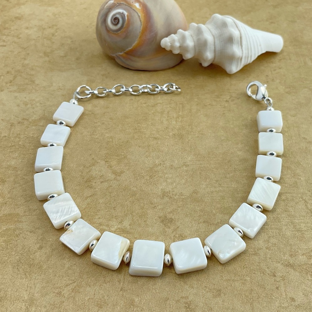 Mother of Pearl Bracelet, Geometric, Squares, Neutral, Beach Vibe, Handmade - Picture 7 of 10